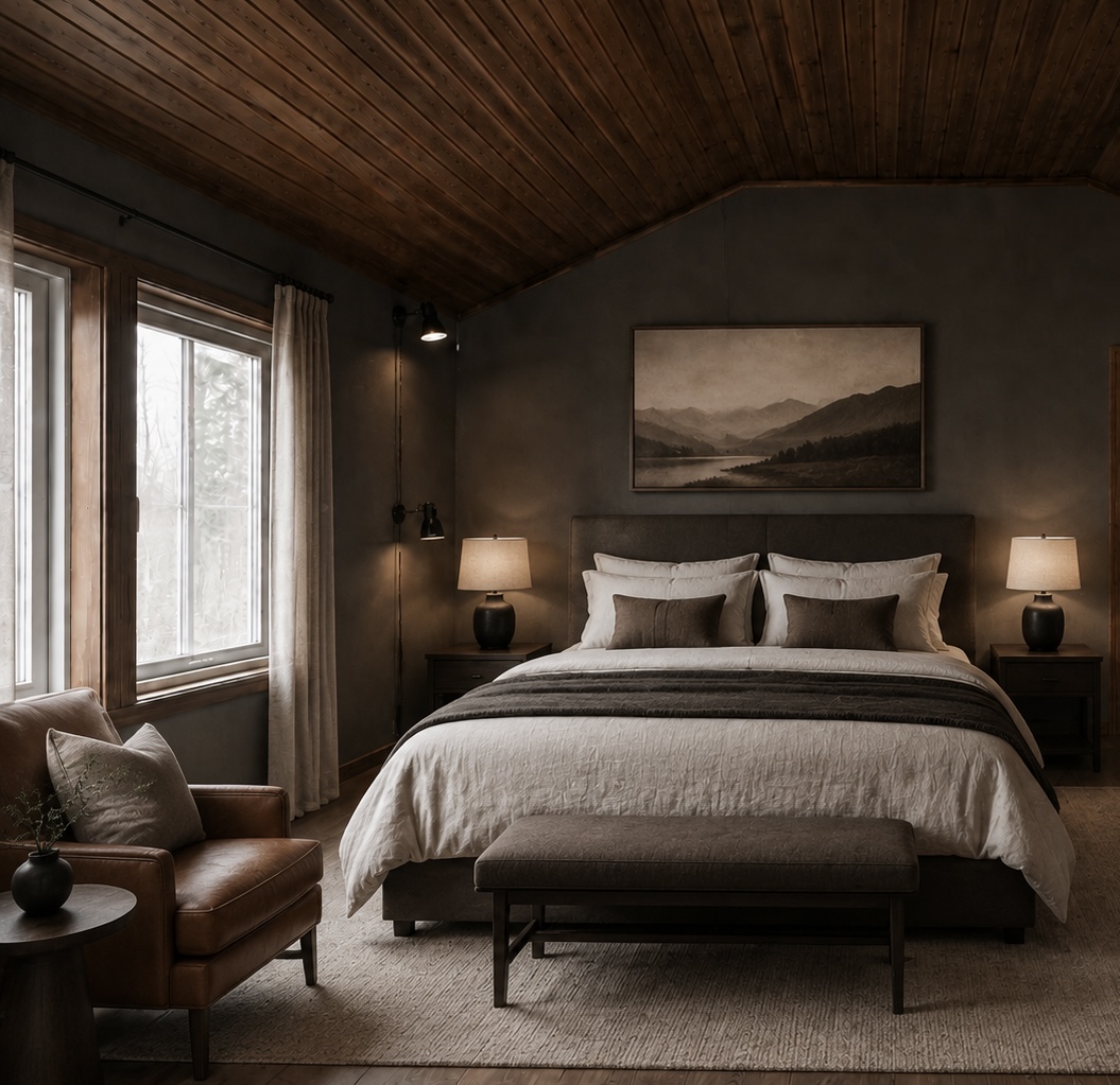 The bedroom under the dark timber ceiling